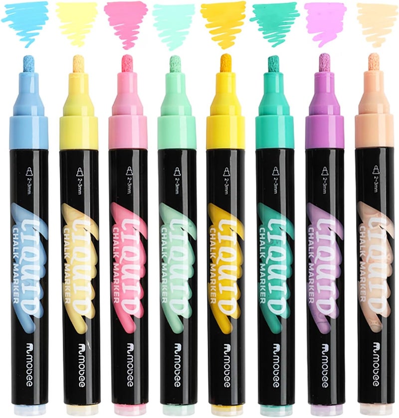 Mobee Liquid Chalk Markers, 8 Pack Pastel Colors with 2-3mm Bullet Tip | For Chalkboard, Menu Board,Blackboard,Glass, Car Window & Non-Porous Surfaces | Dust-Free, Easy to Wipe Off, Odorless & Non-Toxic - Image 2